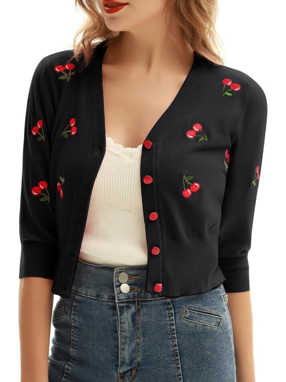 Women's 3/4 Sleeve V-Neck Button Down Cherries Embroidery Cropped Cardigan Sweat - Picture 2 of 7